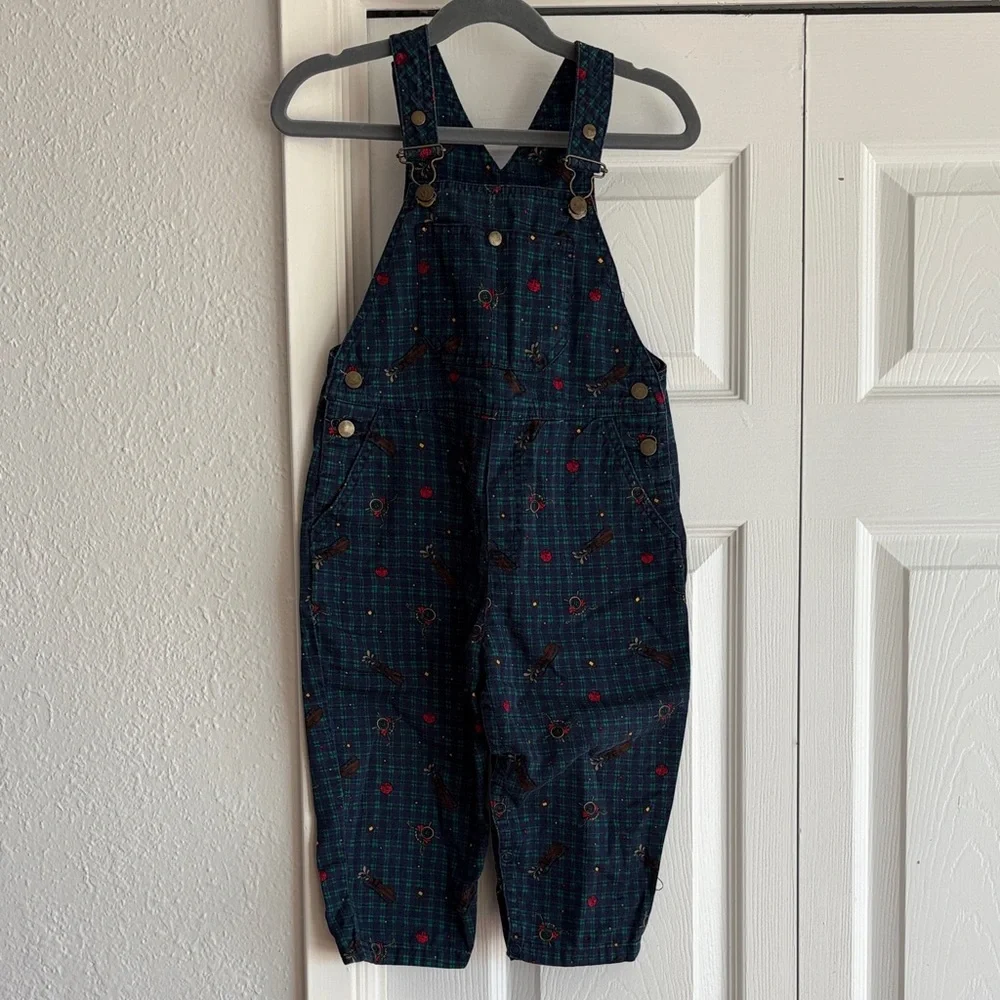 VINTAGE Gymboree Navy Plaid Gold Print Overalls